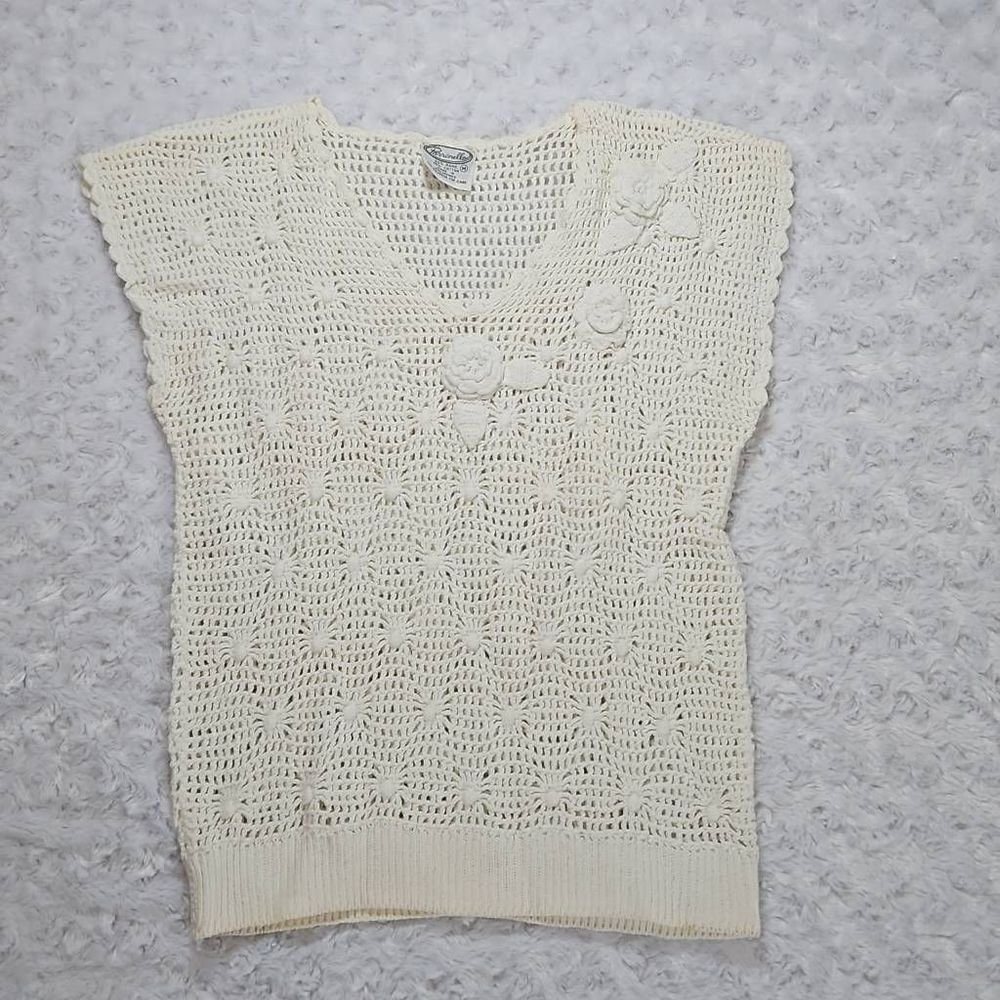 Vintage Parrimello Open Knit Cream Sleeveless Top with Roses